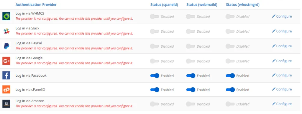 Manage External Authentications cPanel