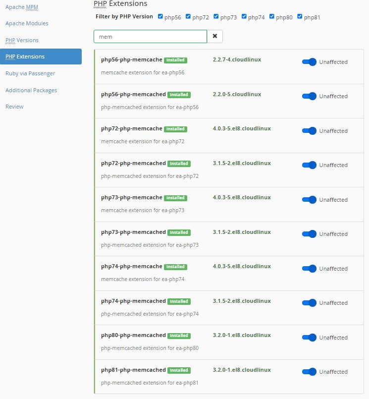 enable Memcached cPanel